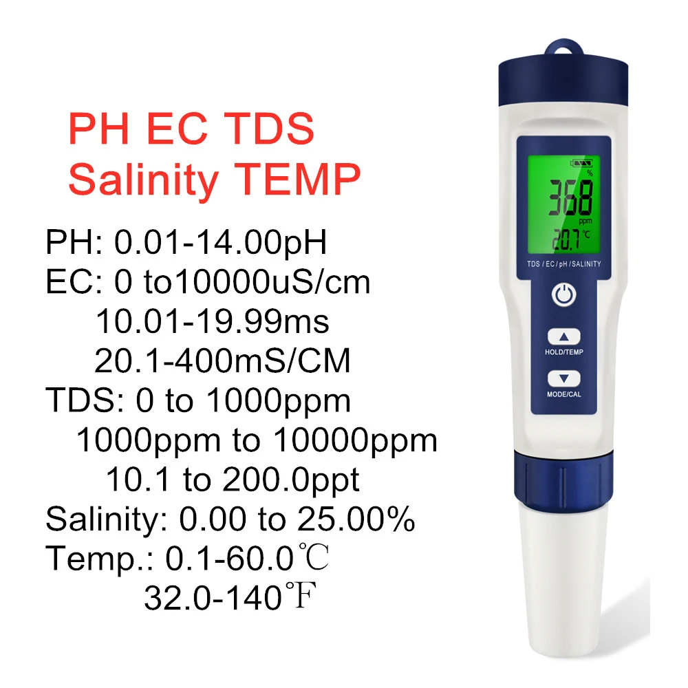 Ph Meter Digital Water Tester - 5 في 1 الرقمية PH TDS